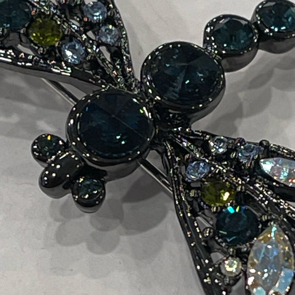 Vintage Multicolor Rhinestone Dragonfly Brooch Black Metal  Has Crown Mark - Picture 16 of 16